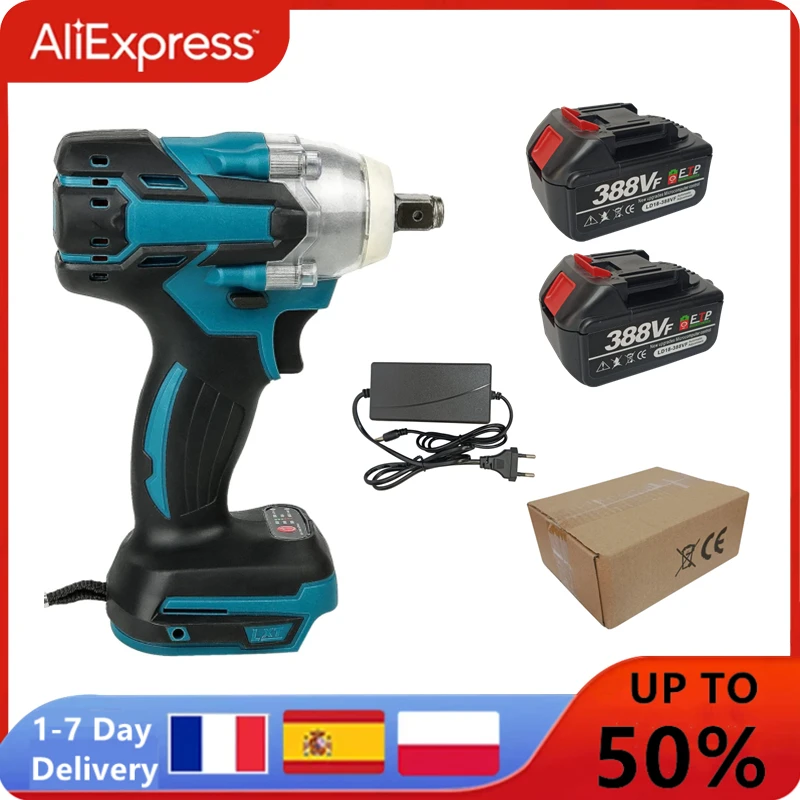 18V 2 In 1 Brushless Cordless Electric Impact Wrench 1/2Inch Power Tools 15000Amh Li Battery LED light Adapt To Makita Battery