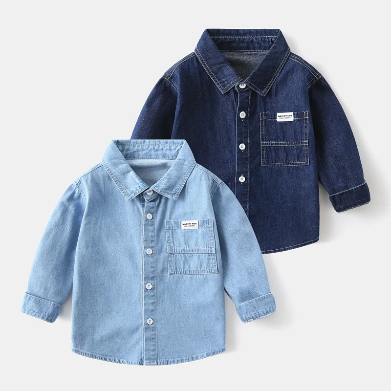 2024 Spring Autumn kids Denim Long Sleeve Shirt, Boys' Loose-Fit Shirt with Patch Pockets, Available for Ages 3-8, 2 Colors