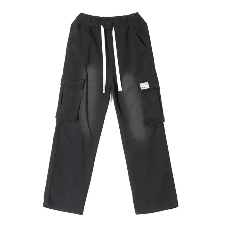 Spring Autumn New Men's High Street Multi Pocket Cargo Pants Zipper Versatile Straight Wide Leg Casual Pants Trend  cargo jeans