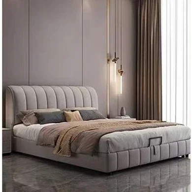 Kainice Beige Low Profile Led Full Size Upholstered Bed Frame with Hydraulic Lift up king Size Storage Bed