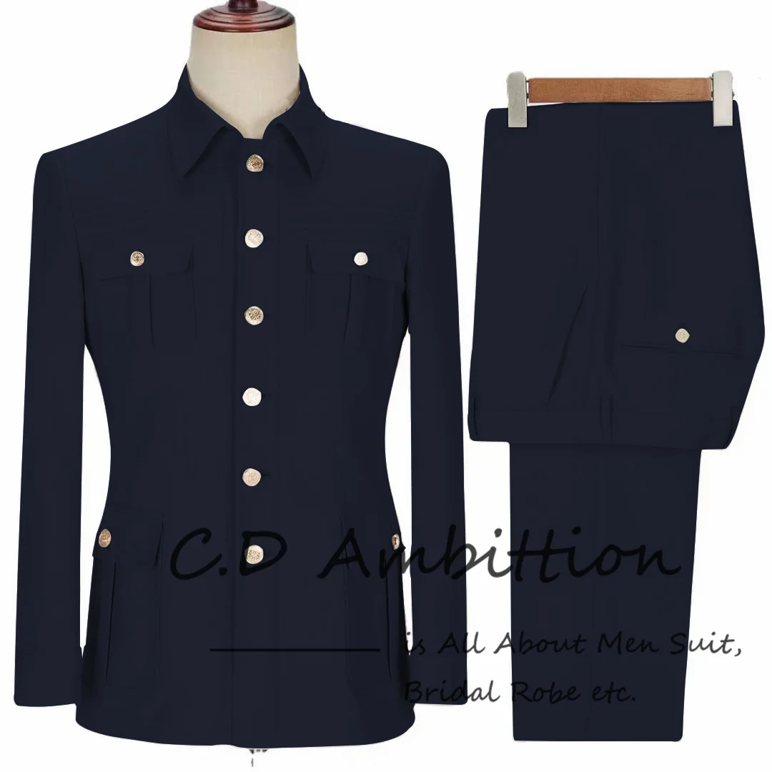 Navy Blue Elegant Safari Suits For Men Wedding 2023 Slim Fit 2 Pec Zhongshan Men Blazer Costume Custom Made Single Breasted