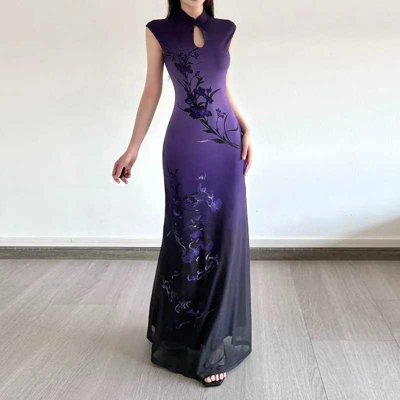 Chinese Floral Print Cheongsam Collar Slim Dress Purple Rhyme Gradual Change Spice Girl Hip Wrap Dress Exquisite Simple Leisure