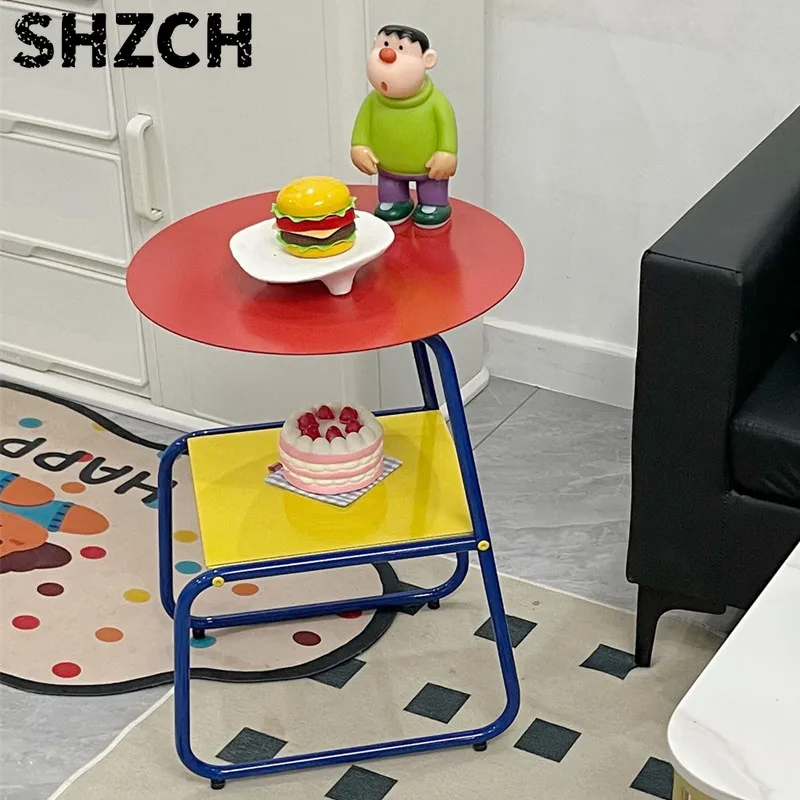 Dopamine Side Table Minimalist Iron End Table with Geometric Design 2 Layers Bedside Tables Modern Coffee Desk for Living Room