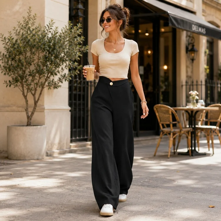 Elegant Black Wide Leg Trousers with Button Waist - High Rise Flowy Palazzo Pants for Business & Daily Outfits