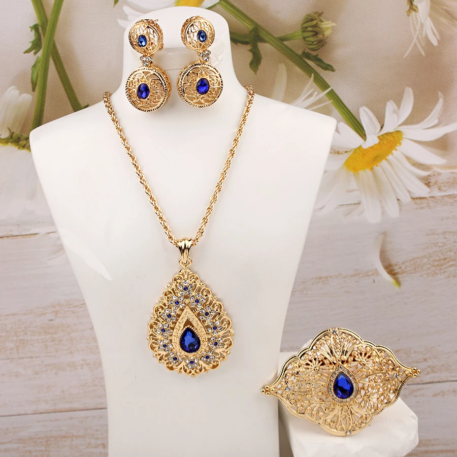 Moroccan Wedding Jewelry Set Gold Plated Water Drop Necklace/Earrings Afghanistan Jewelry Ethnic Birdal Accessory Bijoux Women