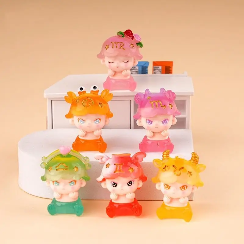 Cute Glow in Dark Zodiac Resin Figurines Set 12 Constellation Mini Statues Desktop Ornament Gift view 2