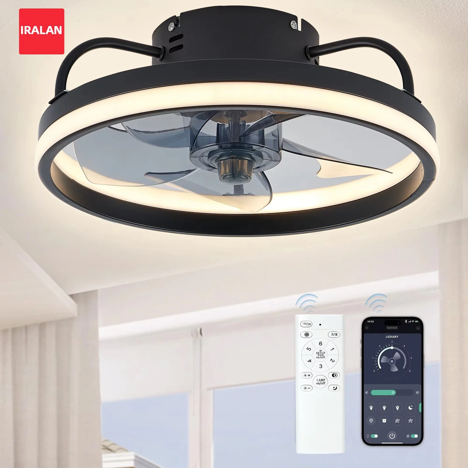 IRALAN LED Ceiling Fan with Lights Three-color Adjustable with Remote Control Living Room Kitchen Home Decoration Fan Light