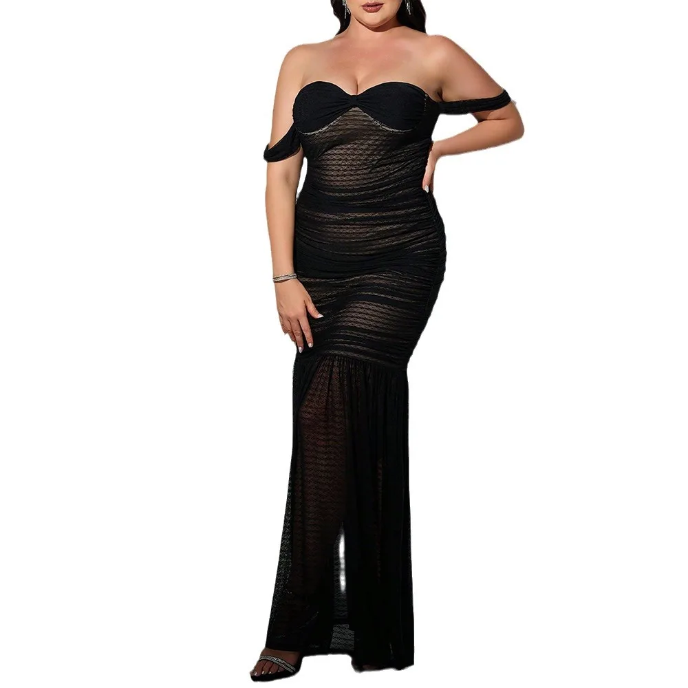 Plus Size Female Party Dresses Spring/Summer Sexy Fashion Large Size Women's Dress One Shoulder Mesh Wrapped Hip Evening Dress