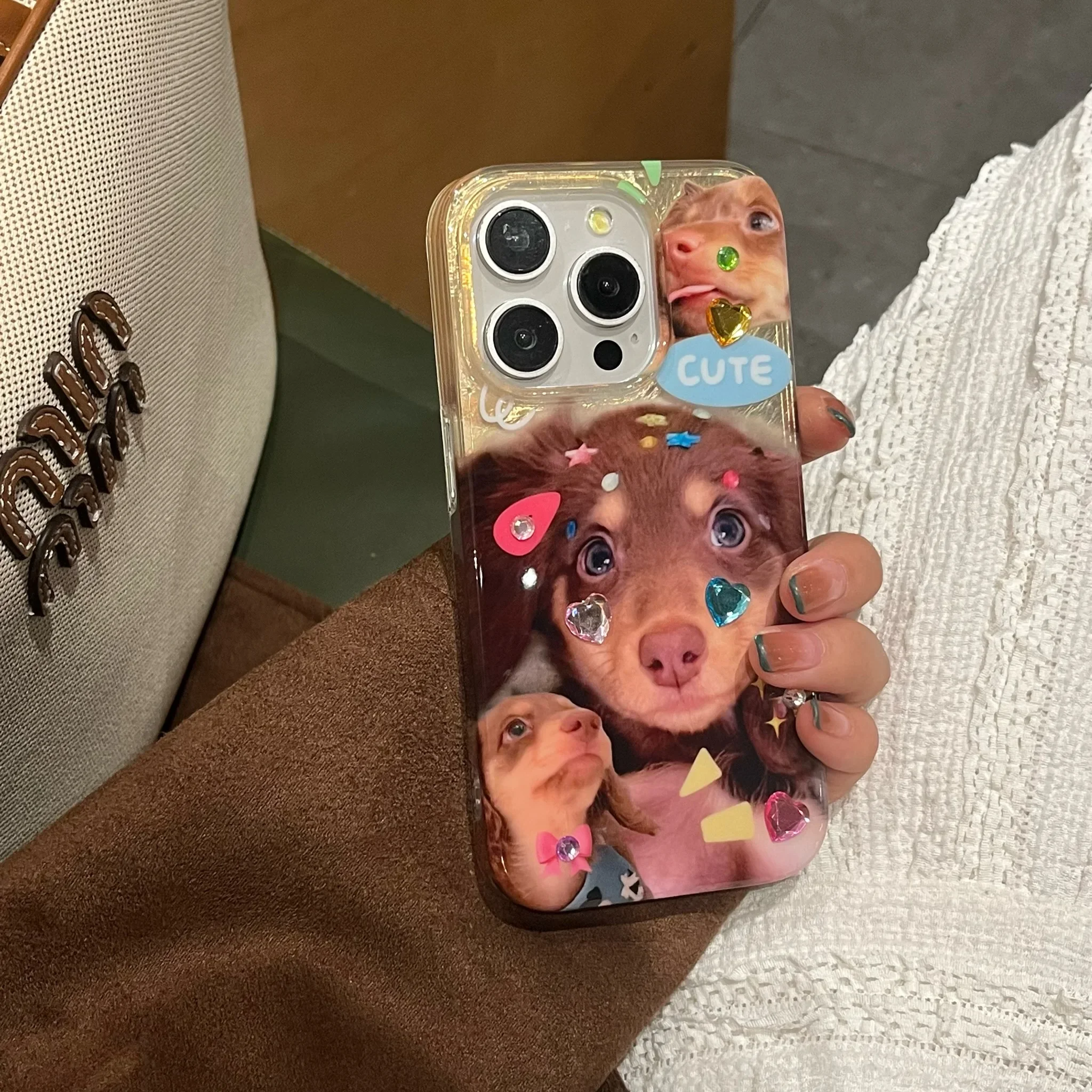 

Корейский INS Lovely Dog с наклейками из циркона, милый противоударный чехол для телефона для iPhone 16, 15, 14, 13 Pro Max, задняя крышка телефона Capa