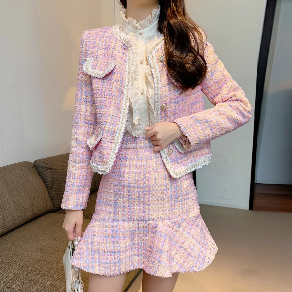 Spring Autumn Small Fragrance Tweed Two Piece Set Women Short Jacket Coat Crop Top+ Skirt Suits Korean 2 Piece Sets Women Outfit