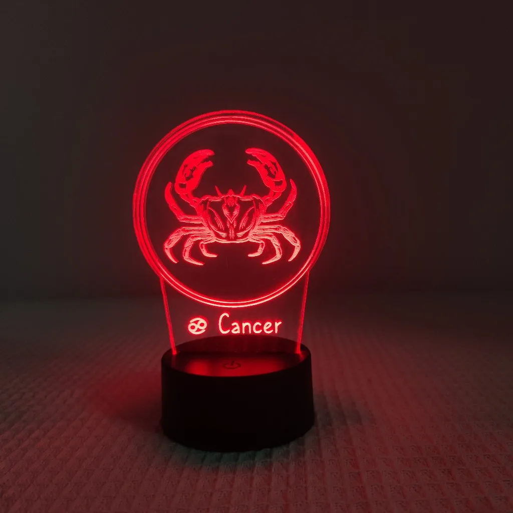 Kanker lampu malam 12 zodiak-akrilik, sakelar 7 warna, kamar tidur & Hadiah