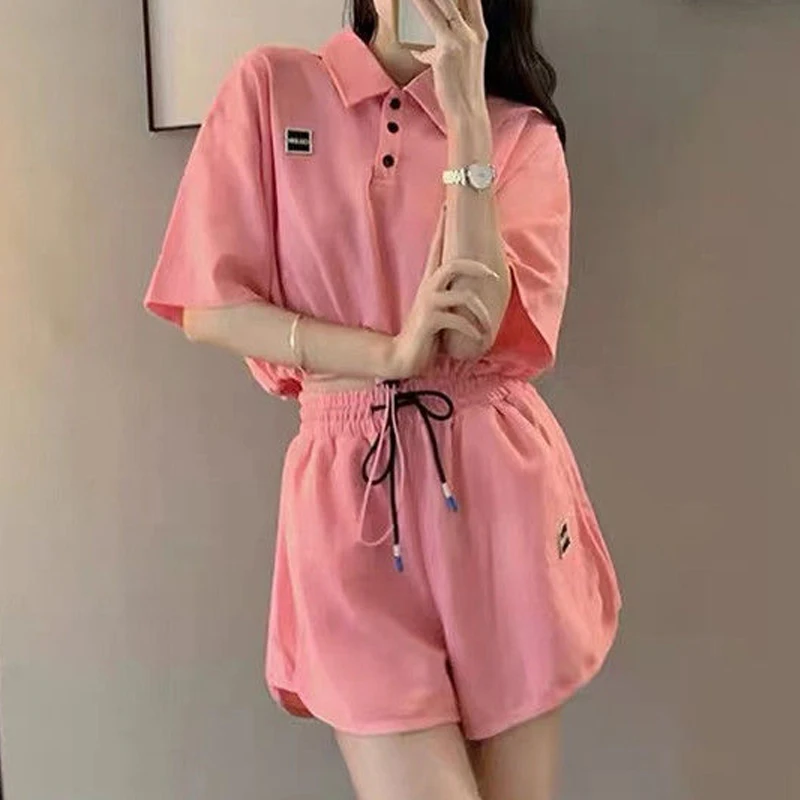 2 Piece Sets Women 2024 Summer Trendy Polo Collar Short Sleeve Sexy Crop Tops Y2K Female Solid Loose Sports Jogger Shorts Outfit