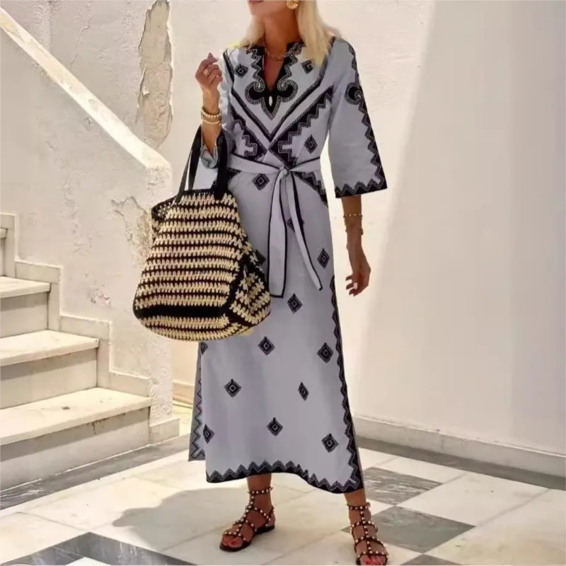 2025, dames lente herfst nieuwe modieuze bedrukte tailleband riem casual losse riem retro vijf minuten mouw lange jurk