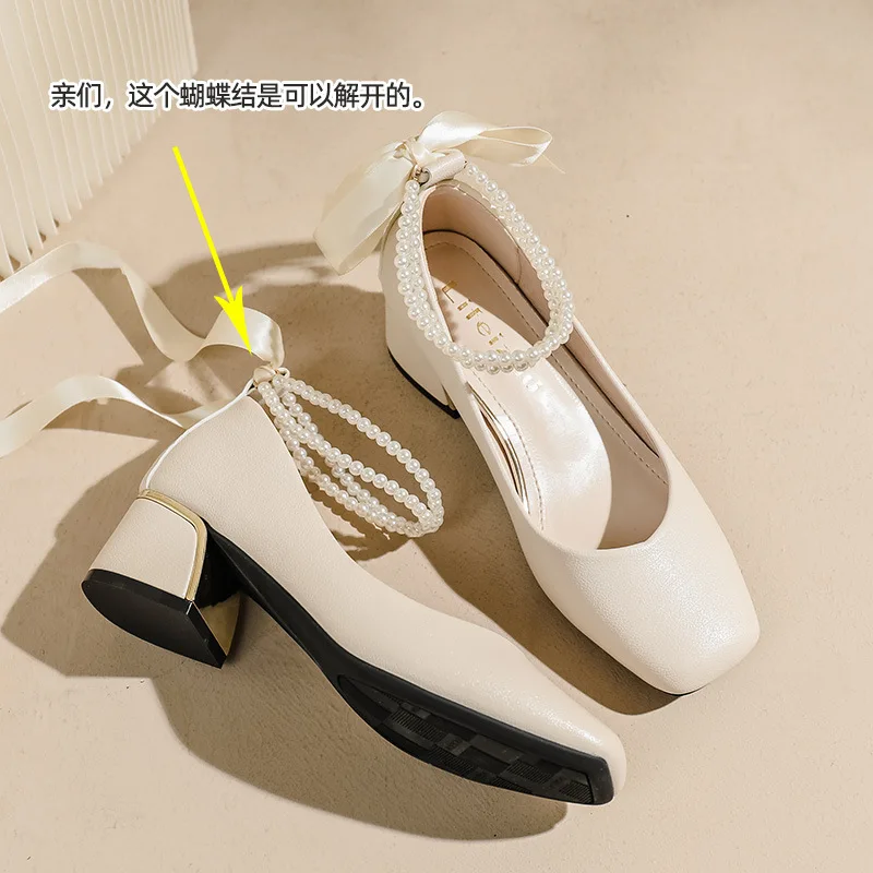 Big Size 35-42 43 Women Leather Med Heel Pumpes Lady Mary Jane Shoes Square Toe Sweet Lolita Shoes Pearls Chain Silk Ribbon Bow