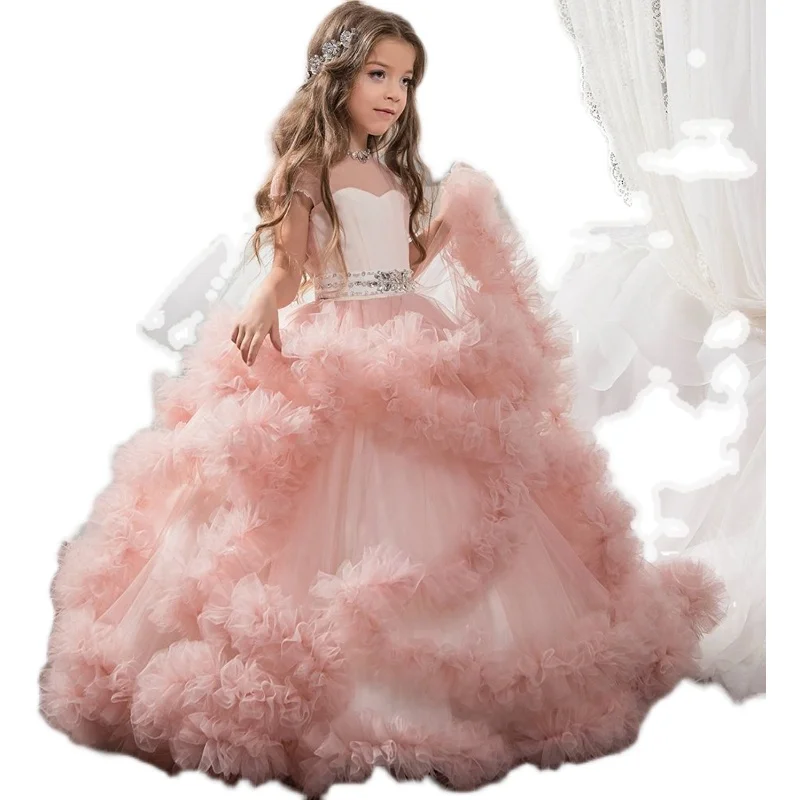 Mädchen-Prinzessinnenkleid, gestuftes Rüschen-Tüllkleid, transparente Ärmel, Perlen, Gürtel, formelles Partykleid, Kinder-Festzug-Kostüm