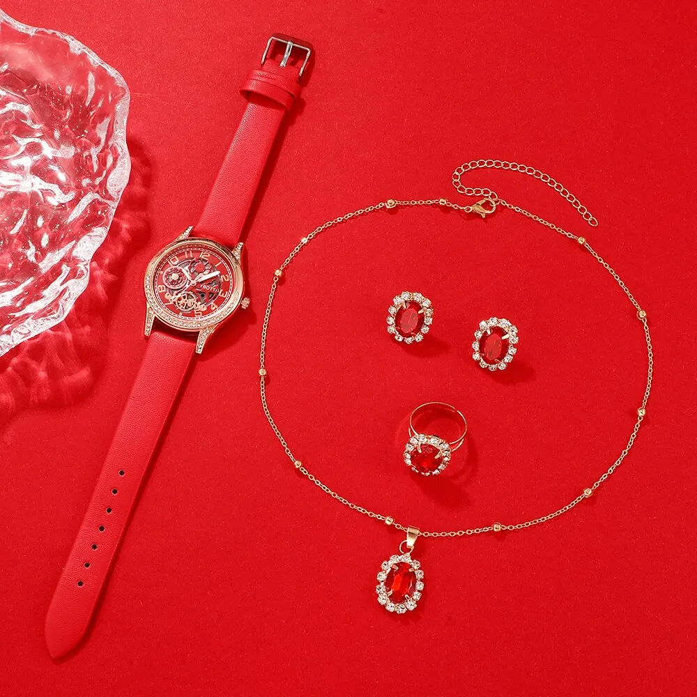 Набор из пяти предметов, женские кварцевые часы, ожерелье, кольцо и серьги