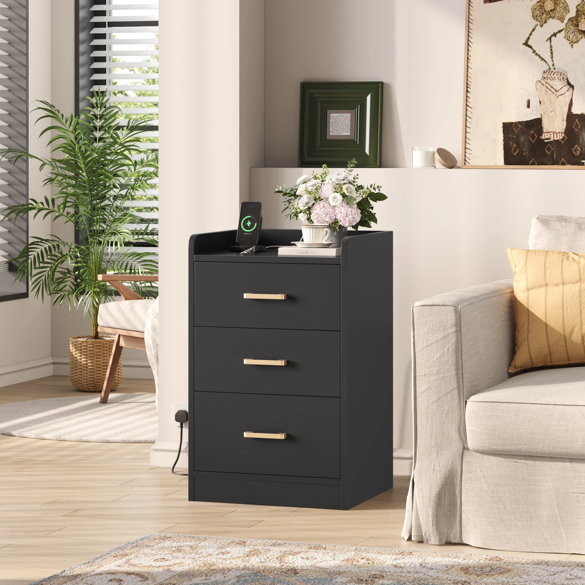 طاولة بجانب السرير من Getone مع قاعدة شحن، طاولة جانبية مع 3 أدراج، منضدة، 2 منفذ تيار متردد، 2 USB أبيض/أسود #2