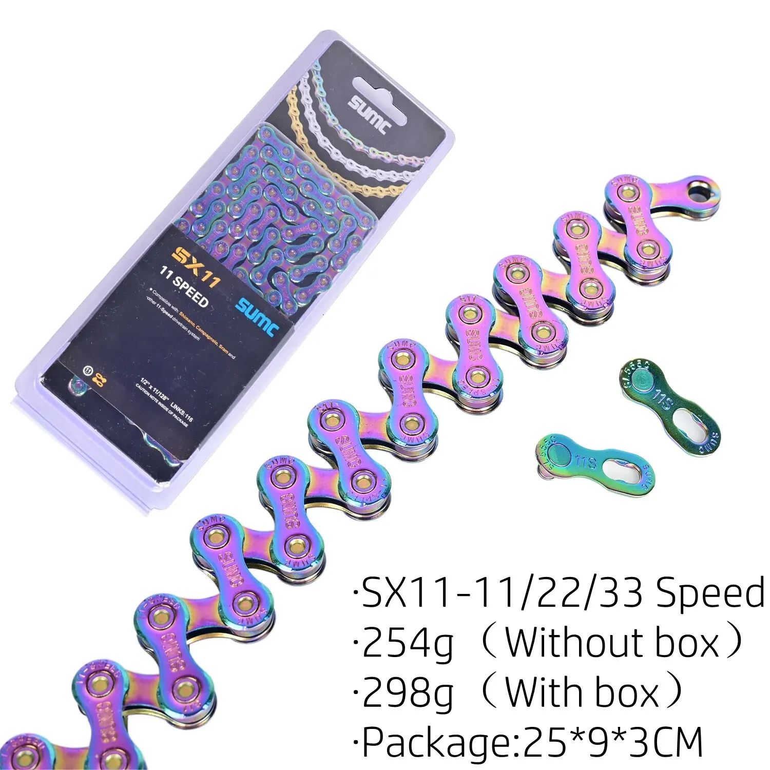 Bicycle Chains SUMC 9/10/11/12 Speed Rainbow Hollow Semi-hollow Magic Buckle Road Bike Bicycle Chain Length 116/126L Weight 250g