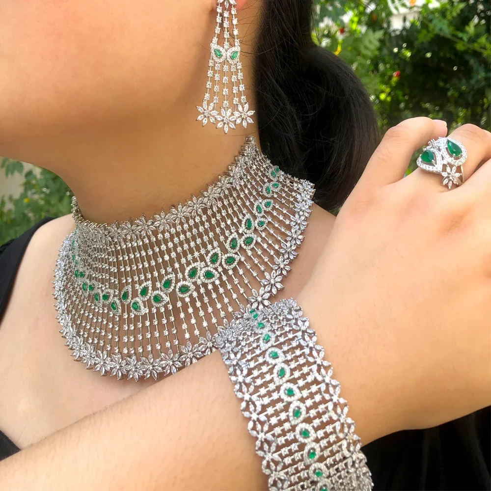 

KellyBola Luxury Exclusive Custom Dubai African Necklace Earrings Bracelet Ring 4PCS Women's Bridal Wedding Banquet Jewelry Sets