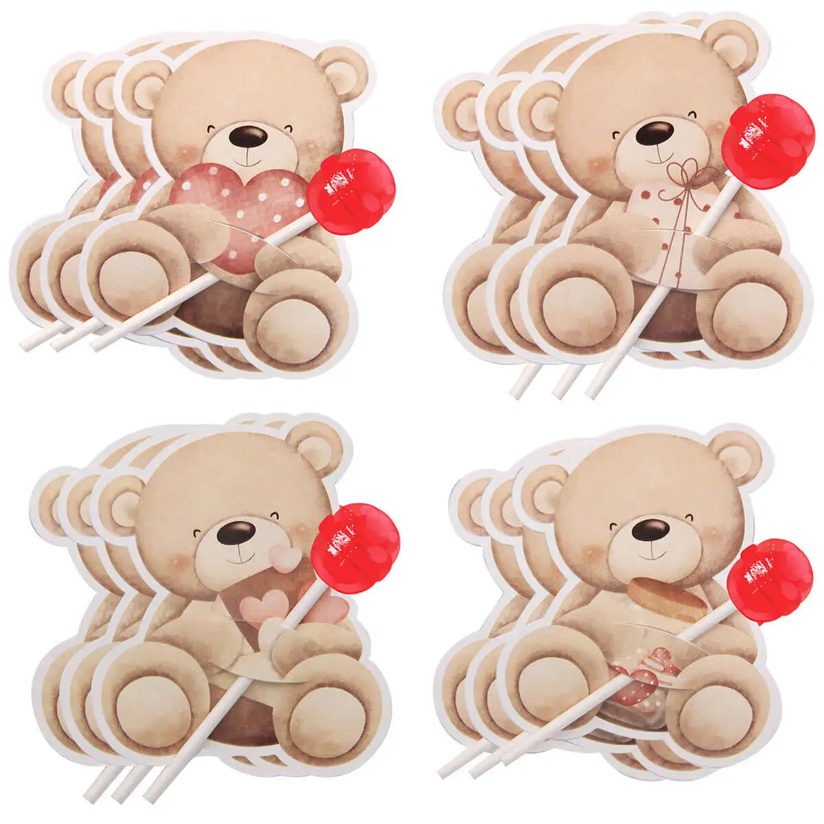 40Pcs Carton Bear Lollipop Cards Lovely Bear with Heart Candy Holders For Happy Valentine's Day Wedding Party Sweets Decoration