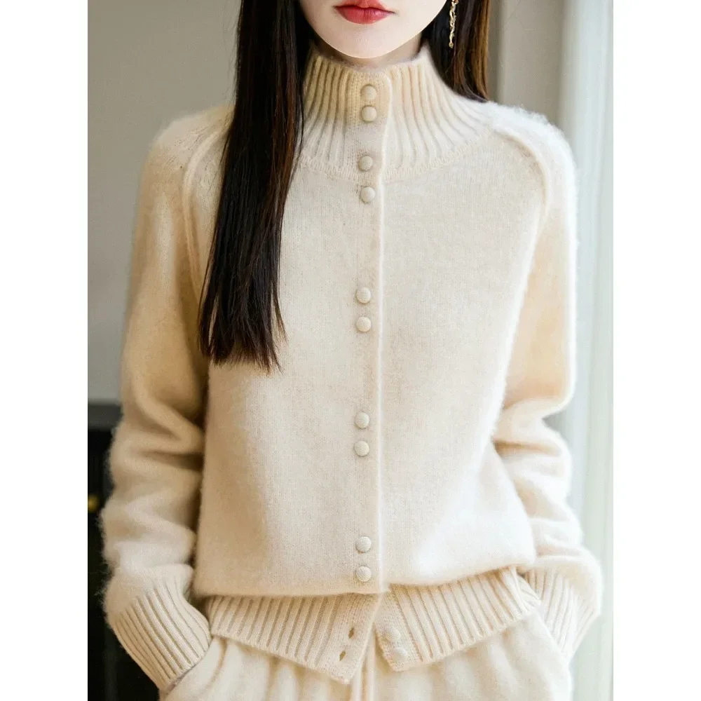 Women Stand Collar Button Knit Cardigan Thick Loose Slimming Lazy Warm Sweater New European Style Ladies Daily Streetwear Chic