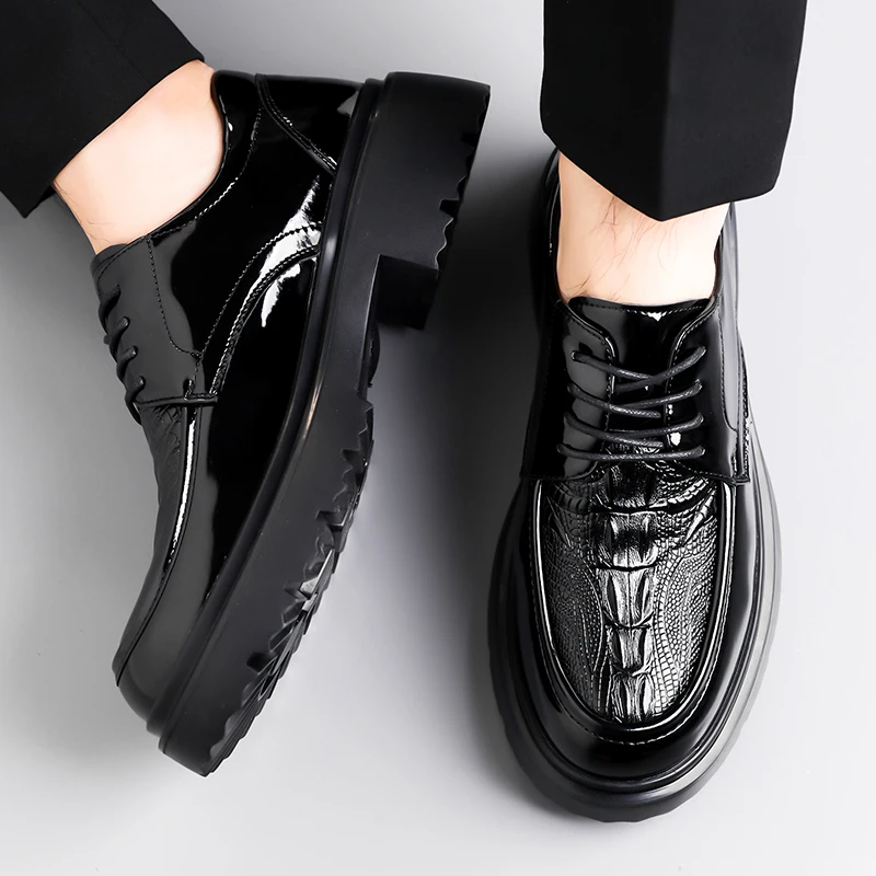 خريف جديد عصري سميك سوليد جلد التمساح الأعمال الرسمية أحذية من الجلد عالية الجودة الرجال مريحة تناسب أكسفورد الأحذية