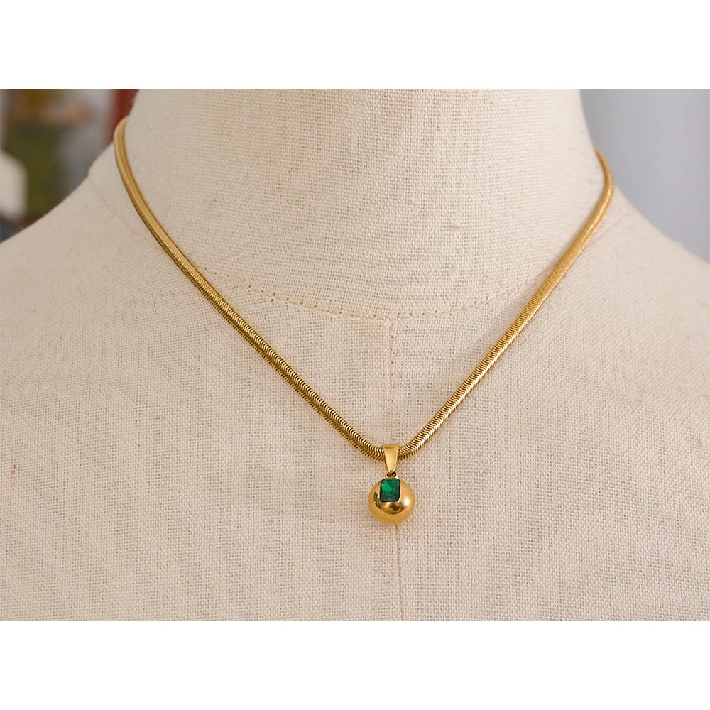 Yhpup Green White Red Cubic Zirconia Stainless Steel Round Pendant Necklace Delicate Fashion Gold Color 18K PVD Plated Jewelry