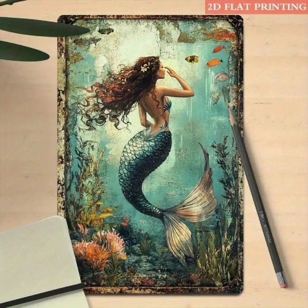 2026 Aokiu 8x12inch Vintage Mermaid Tin Sign, Retro Nautical Ocean Wall Art Decoration, Suitable for Home Bars and Men's Private Spaces
