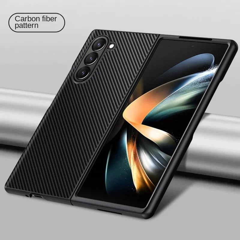 Carbon Fiber PU Leather Phone Case for Samsung Galaxy Z Fold 6 5 4 3 Fold6 Fold5 Fold4 Fold3 5G Hard Plastic Shockproof  Cover