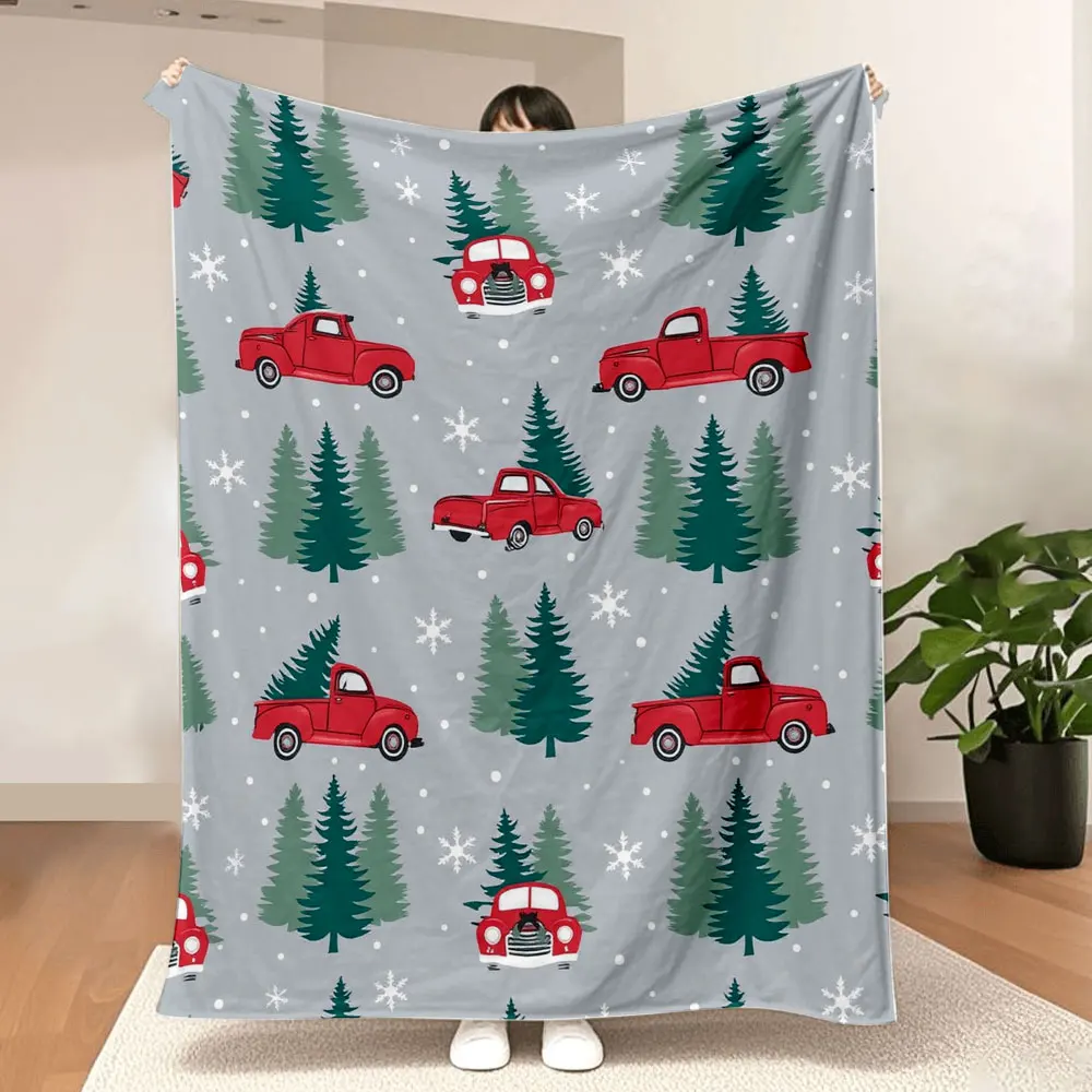 

Vintage Christmas Blanket - Light Gray Background with Red Pickup Trucks, Green Evergreen Trees & White Snowflakes, Festive Wint