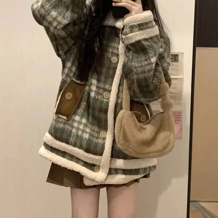 

Retro Plaid Design Thickened Winter Coat Women's Loose Woolen Jacket Fashionable Female Outerwear Polyester Fiber Full Sleeve
