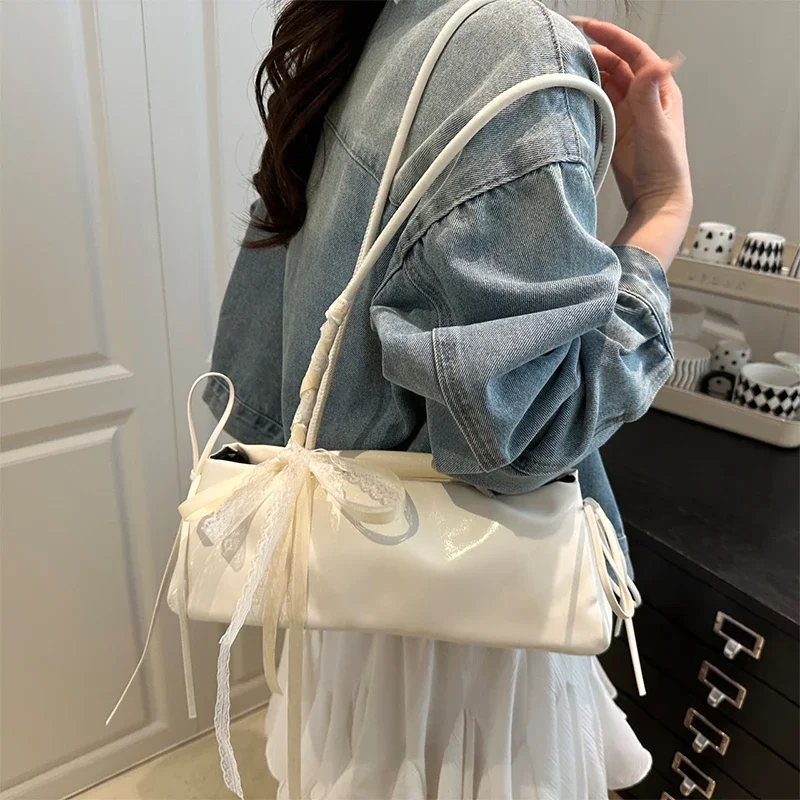 French Elegant Ballet Style Women Shoulder Bag Lace Bow Decor PU Rectangular Handbag Niche Simple Trendy Crossbody Purse