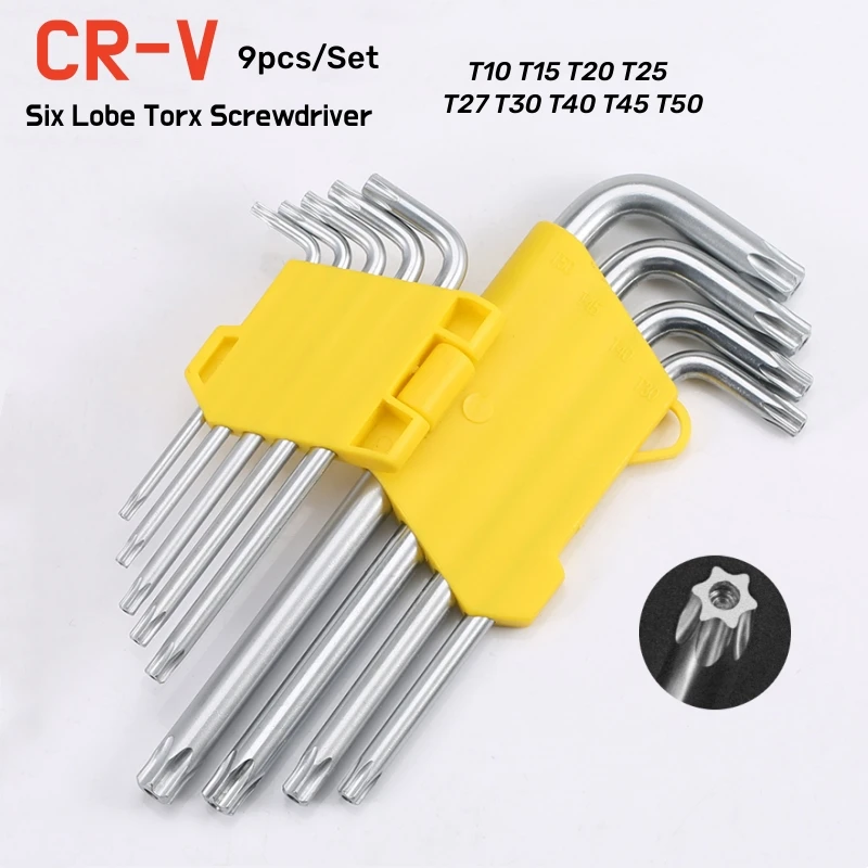 

9pcs L Style Six Lobe Torx Screwdriver Wrench Set T10 T15 T20 T25 T27 T30 T40 T45T50 Tamper Proof Security Bolt Screw Driver Key