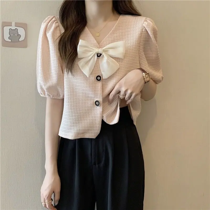 Cropped Shirts Women Summer V-neck Sexy Fashion Elegant French Style Puff Sleeve Tender Streetwear Popular Chic Young Office Ins