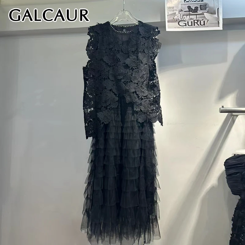 

GALCAUR Solid Loose Two Piece Set for Women Round Neck Sleeveless Spliced Hollow Out Top High Waist Patchwork Mesh Skirt Female