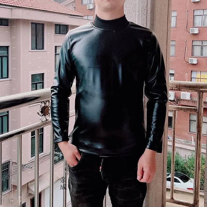 

Men's PU Leather High Collar Long Sve Thermal Underwear Warm Sweatirt Autumn Winter Design Mainstr Waterproof Leather...