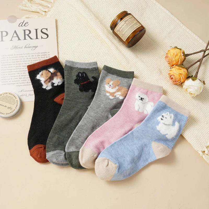 100 % Cotton Fashion Kawaii Cartoon Women's Fashion Japanese Style Middle Tube Wool Socks Female Dogs Casual Funny Cute Hosiery