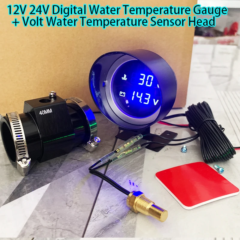 Round LED Digital 2 In 1 Water Temp Voltmeter 12V 24V Car Truck Agricultural Machinery Gauge With Water Pipe Tee Sensor 3M Cable