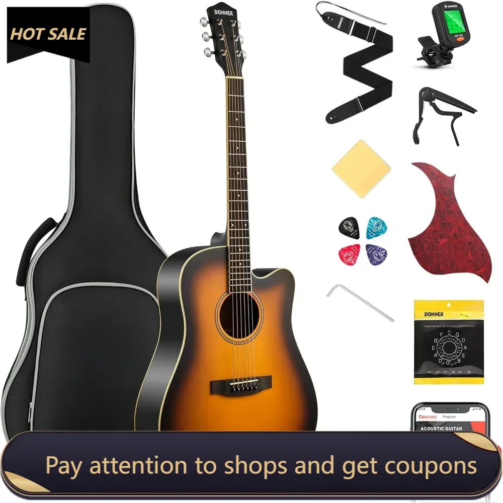 Acoustic Guitar for Beginner Adult Full Size Cutaway Acustica Guitarra Pickguard String Pick，Right Hand 41”Sunburst，Freight free