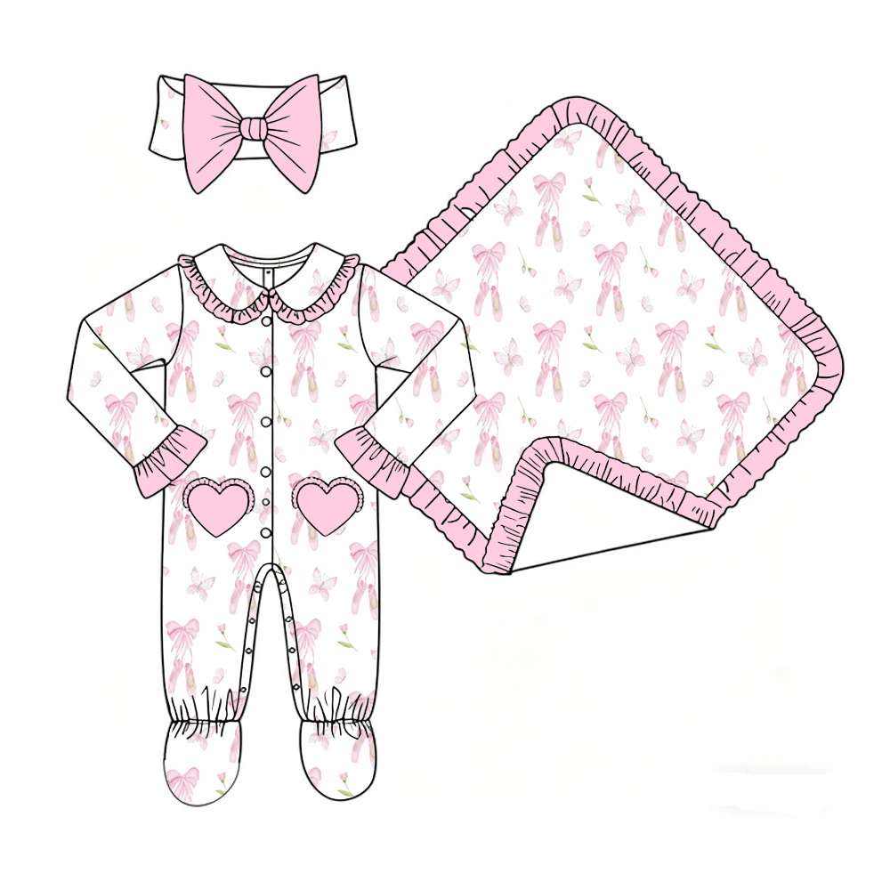 Boutique Girls' Blanket and Romper Lapel Ruffle Buttons Love Pocket Binding Feet Girl Dance Dream Print Custom Patterns