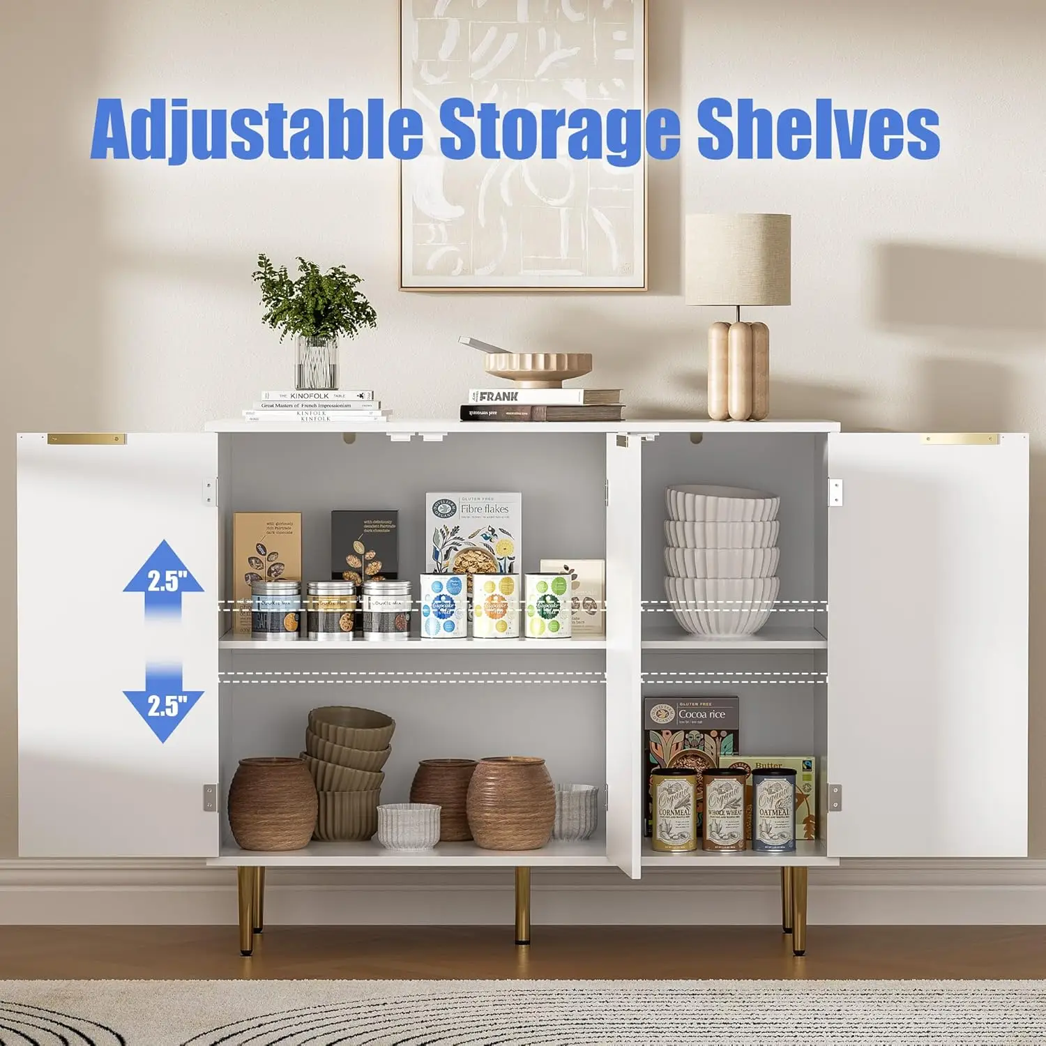 Geriffeltes Sideboard-Buffet mit 3 Türen, moderner weißer Schrank mit verstellbaren Regalen, Stauraum für Küche und Wohnzimmer