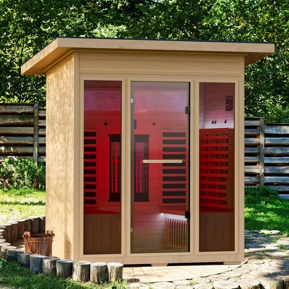 Infrared Sauna, Full-Spectrum Infrared Outdoor Saunas for Home - Dry Heat Sauna, Wooden Sauna Room with Beauty Lamp for 4 Person