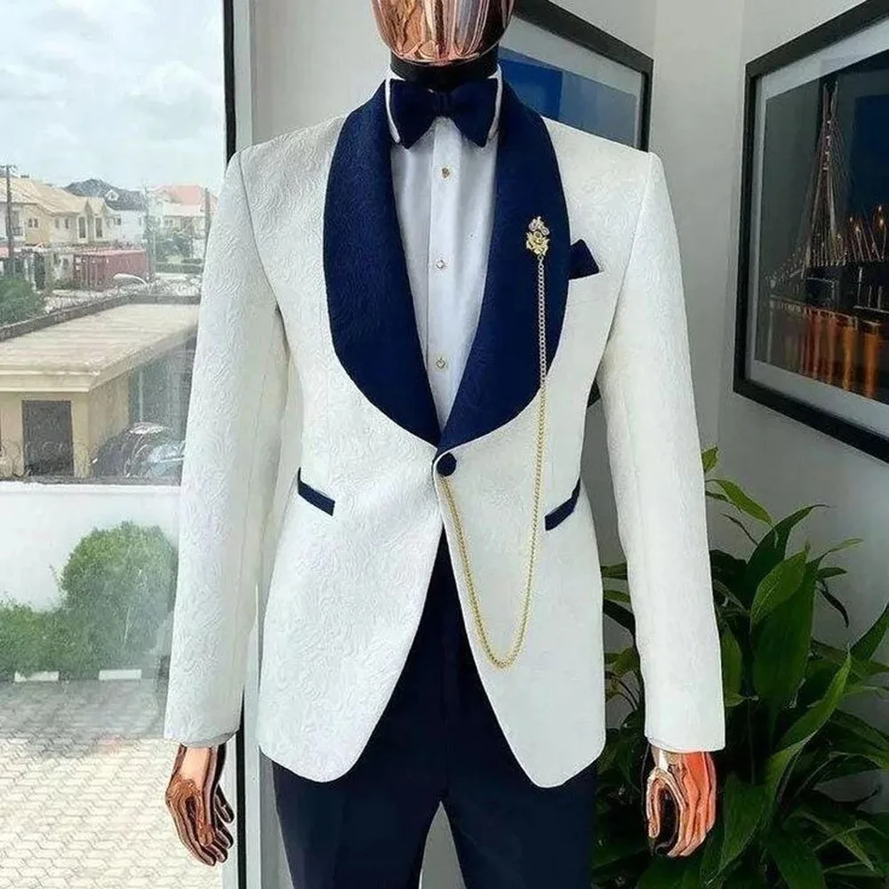 

Men Suits 2 Pieces White Jacquard Jacket Solid Pant Shawl Lapel One Button Prom Groom Wedding Dress Custom Fashion Male Outfits