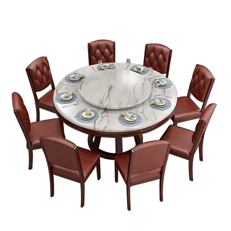#European solid wood round oval white gray dining table luxury dining table set with rotating center marble countertop