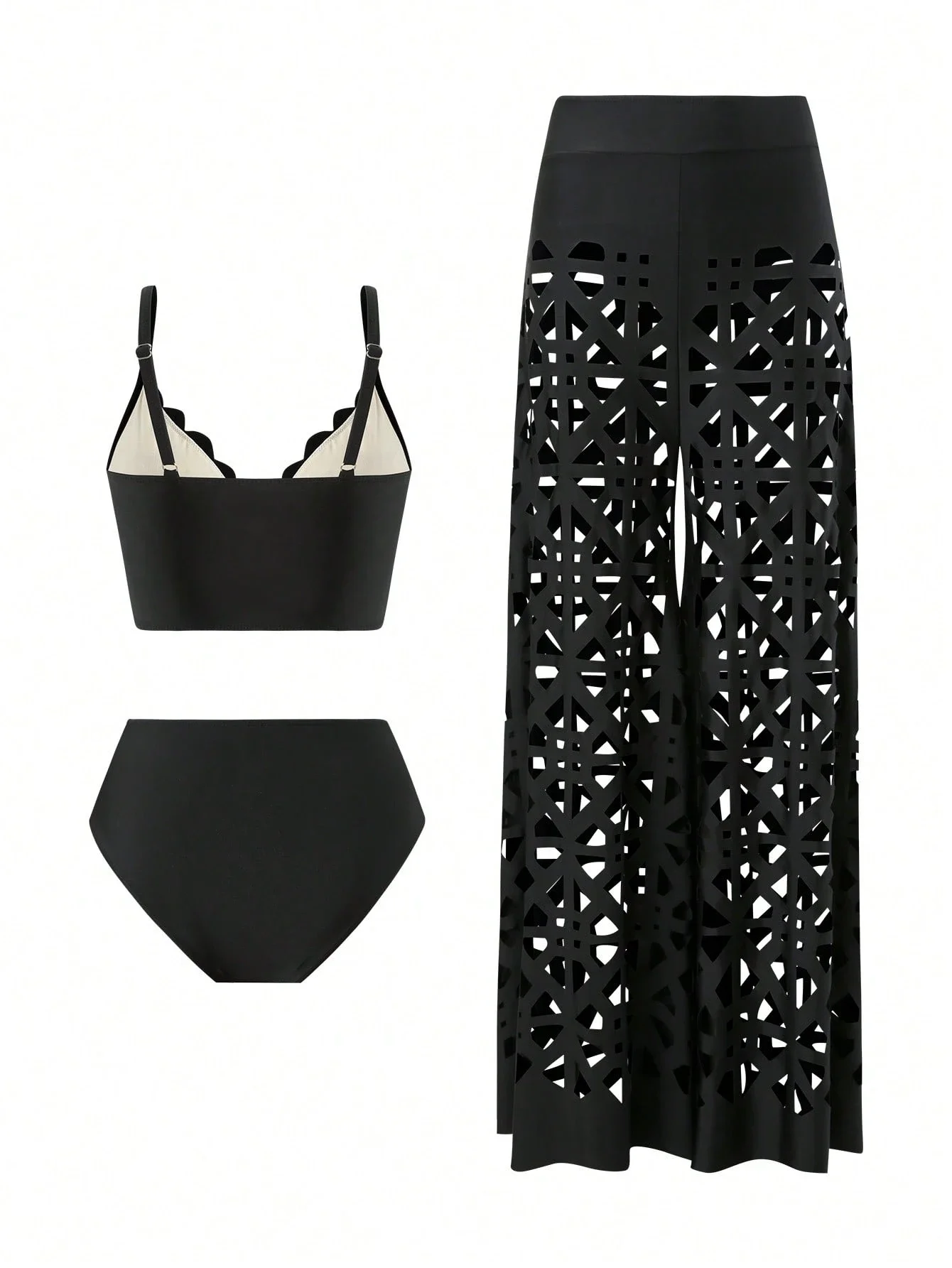 3pcs Women Swimsuit Set Strappy Solid Top High Waisted Bottom Hollow Out Long Cover Up