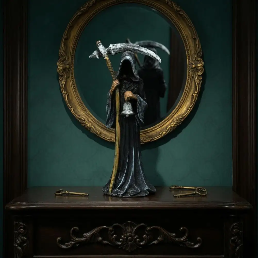Santa Claus Figurine Grim Reaper Table Decoration Grim Reaper Statue Resin Hooded Figurine with Sickle Bell Spooky for Home