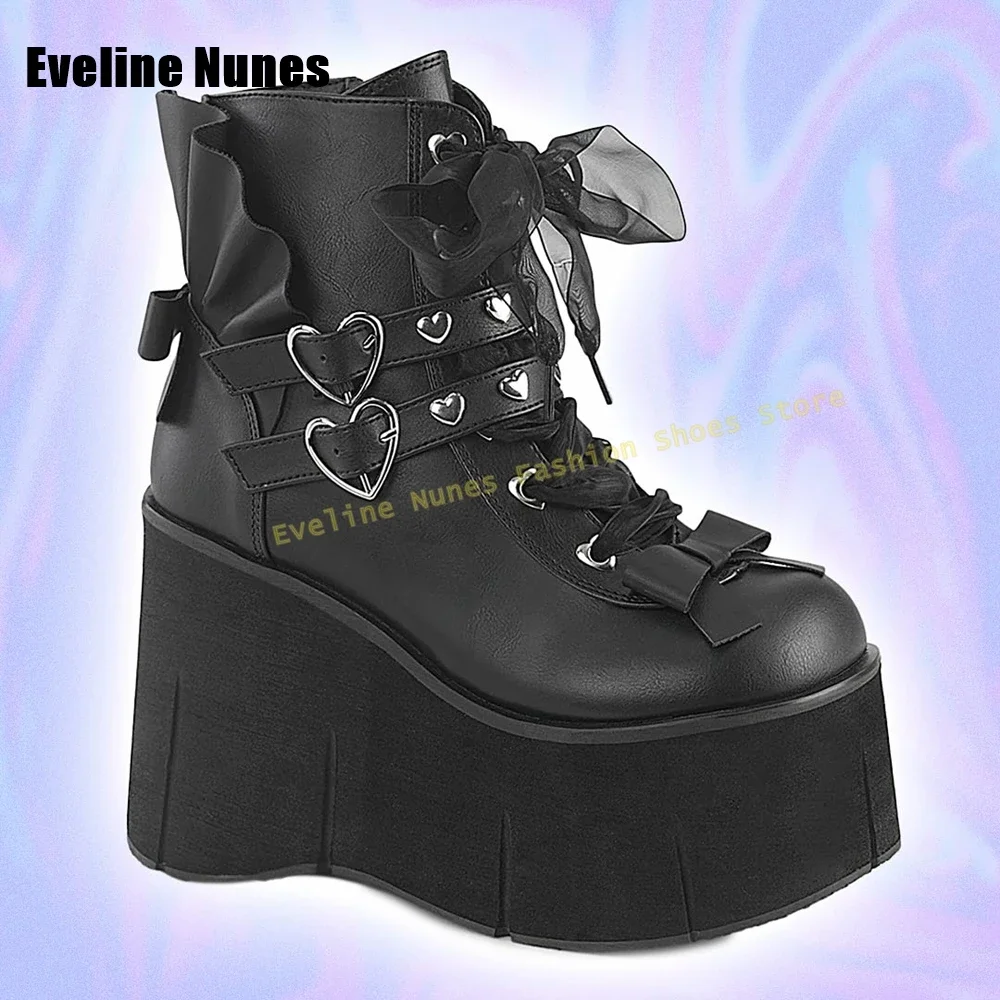 Metal Heart-Shaped Buckle Ankle Boots Round Toe Wedge Ruffles Lace Up Bowknot Y2K Women Mid Calf Boots 2025 Subculture Style