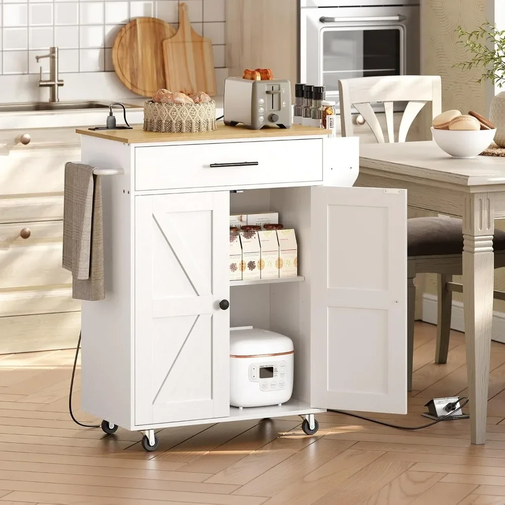 Kitchen Island with Power Outlet,Kitchen Storage Island with Large Worktop,Spice Rack and Drawer, Rolling Kitchen Cart on Wheels