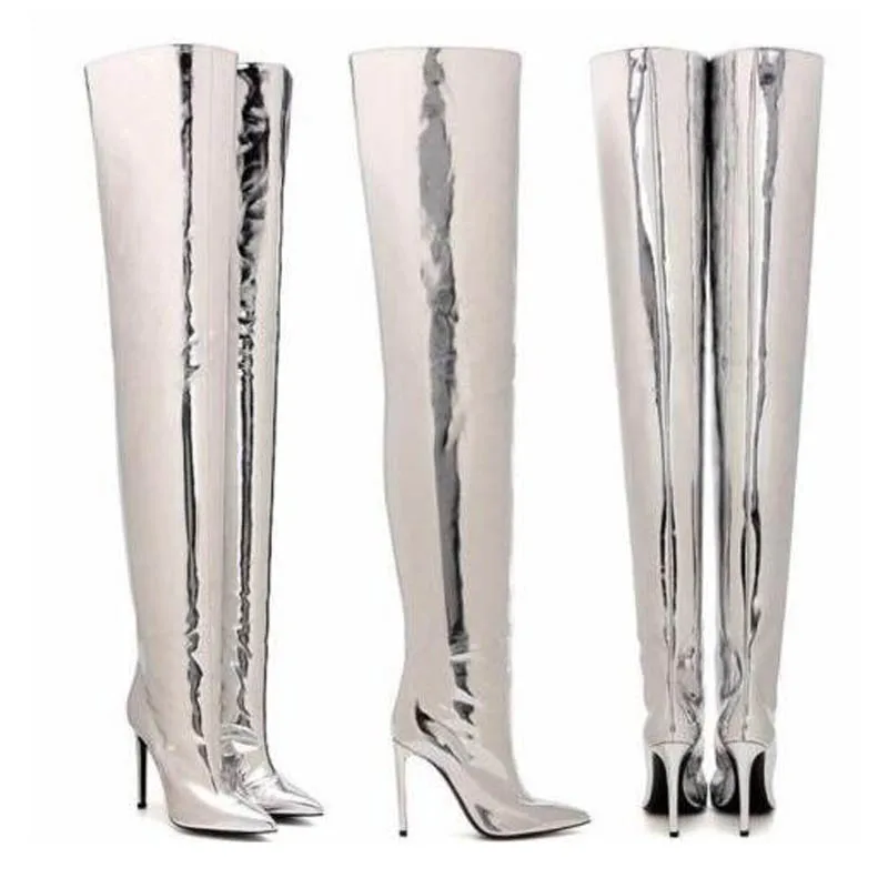 

Silver black Patent leather Over the Knee Boots Thin High Heels Pointed Toe Bling Leather Thigh Boot side zipper Street Botas