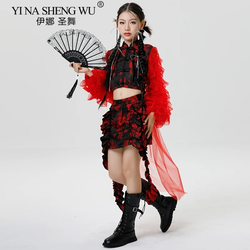 أطفال الهيب هوب ملابس رقص الفتيات K-Pop الجاز شارع الرقص مرحلة الزي تنورة حمراء دعوى أداء ارتداء الأطفال ملابس الرقص #5